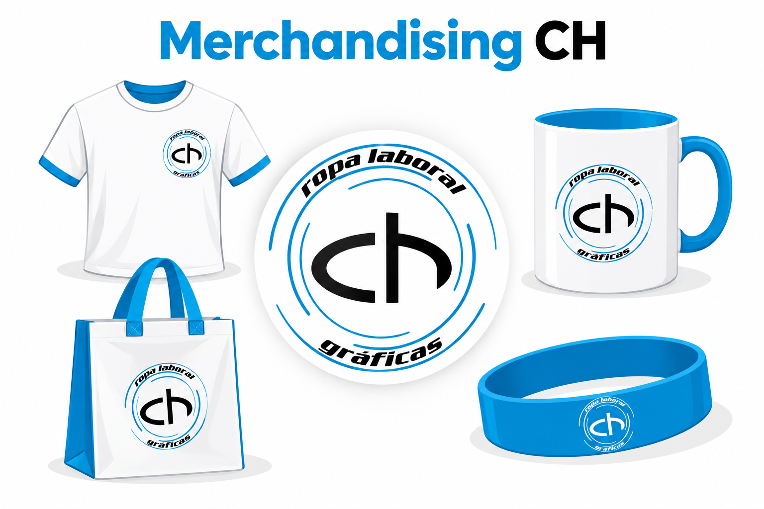Ilustración propia CH de una camiseta, una taza, una bolsa reutilizable y una pulsera como ejemplos de artículos promocionales