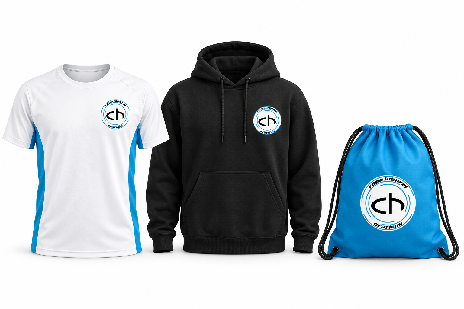 Ilustración propia CH de una camiseta blanca y azul, una sudadera negra y una bolsa de cordones azul con el logo real de CH