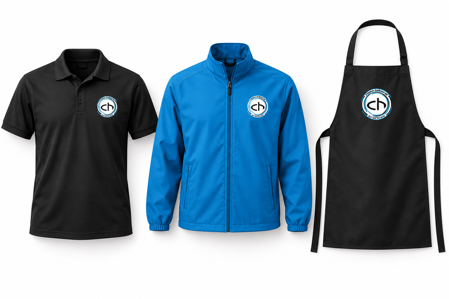 Ilustración propia CH de un polo negro, una chaqueta azul y un delantal negro con el logo real de CH